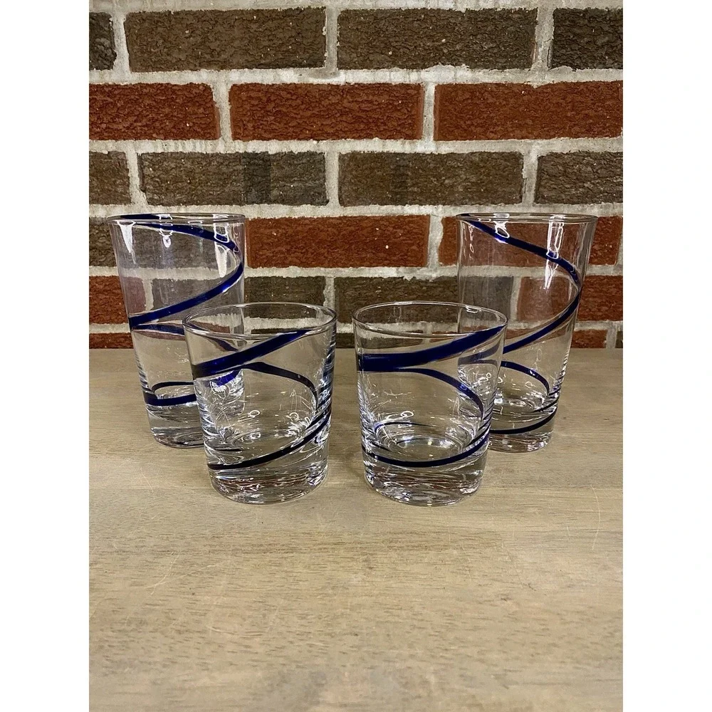 Pier 1 Cobalt Blue Swirl Highball & Lowball Tumbler Glasses Hand Blown Set of 4